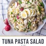 tuna pasta salad in a white bowl.