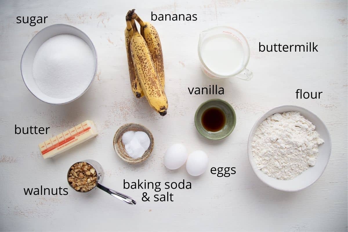 Banana Cake ingredients on a white table.