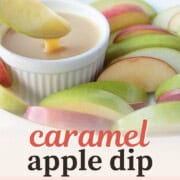 apple slices with a bowl of caramel dip.