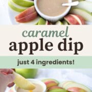 red and green apple slices with a bowl of caramel apple dip.