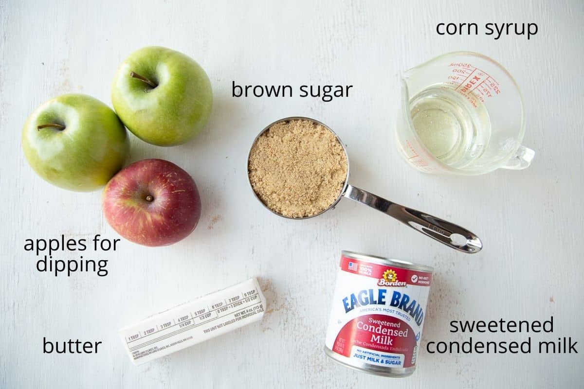 ingredients for caramel apple dip on a white table.