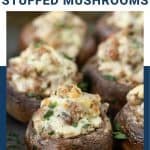 sausage and boursin stuffed mushrooms on a metal tray.