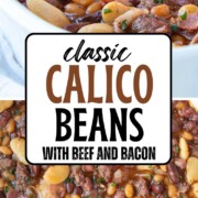 calico baked beans with beef and bacon in a tangy sauce.