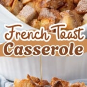 slice of french toast casserole with a soft bread bottom and a crispy cinnamon sugar top.