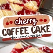 slices of pastry dough topped with cherry pie filling and a white icing drizzled on top.