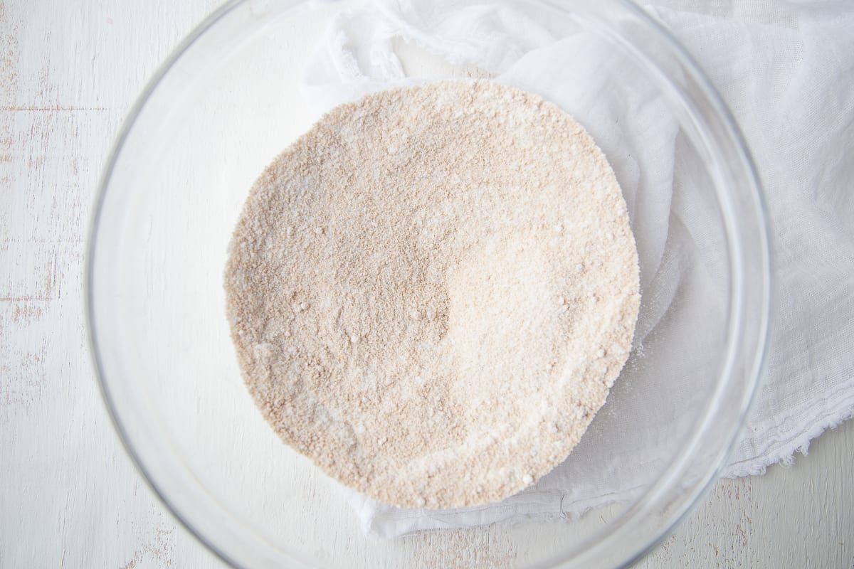 flour and sugar in a glass bowl.