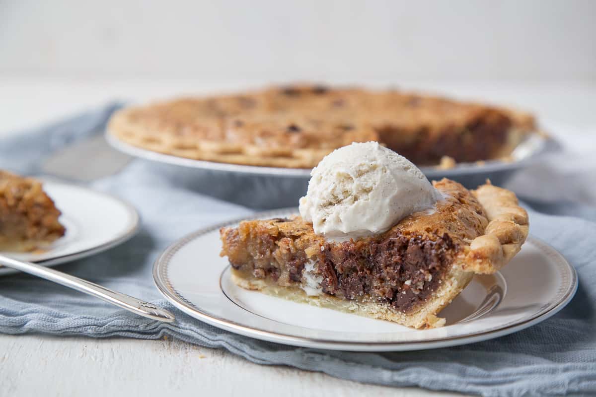 slice of cookie pie with ice cream melting on top.