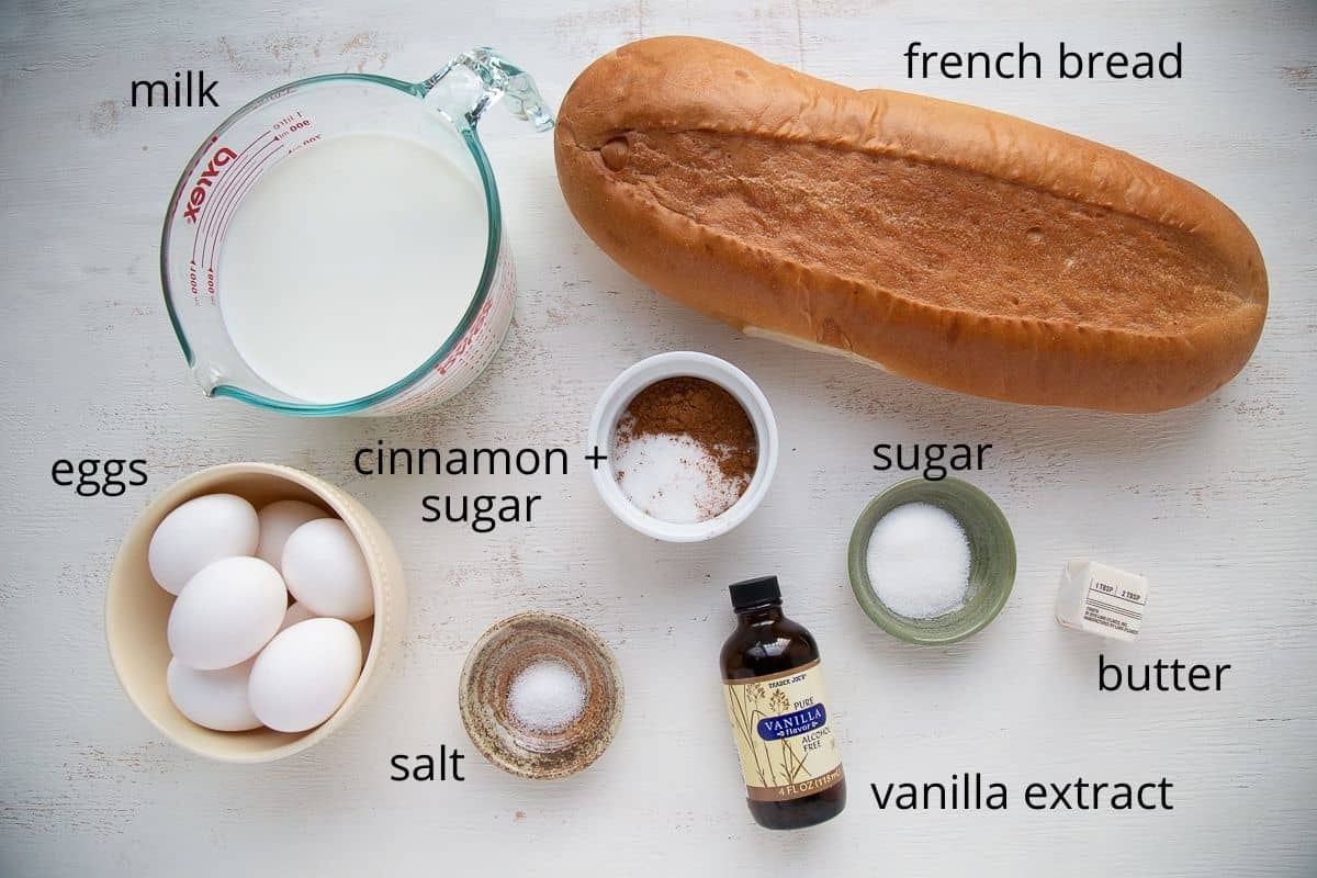 ingredients for french toast casserole on a white table.