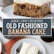 slice of banana cake with walnuts and cream cheese frosting on top.
