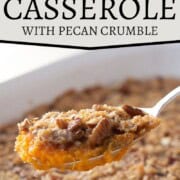 a scoop of mashed sweet potatoes topped with pecan crumble.