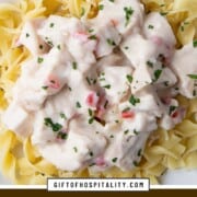 egg noodles topped with a creamy turkey mixture.