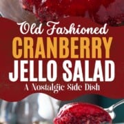 whole and sliced cranberry salad ring on a glass pedestal.