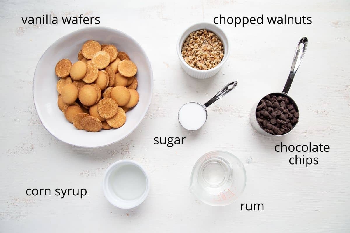 ingredients for rum balls on a white table.