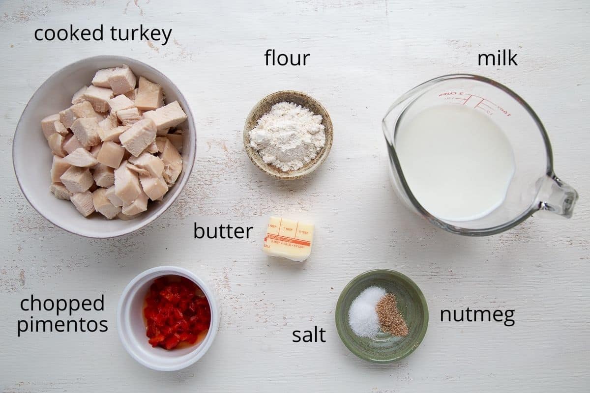 ingredients for turkey a la king on a white table.