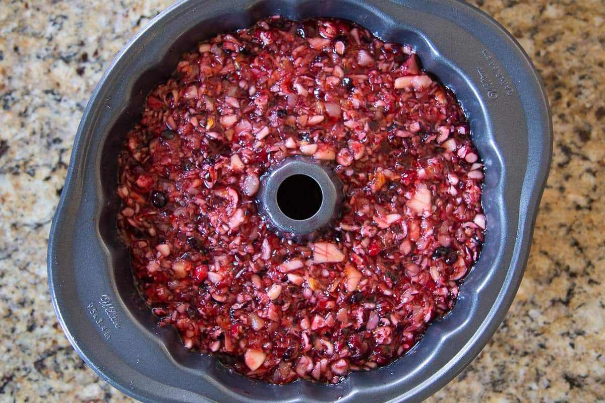 cranberry jello in a bundt pan.