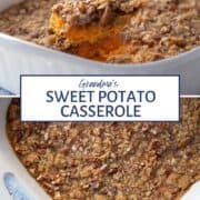 sweet potato casserole with pecans in a white casserole dish.