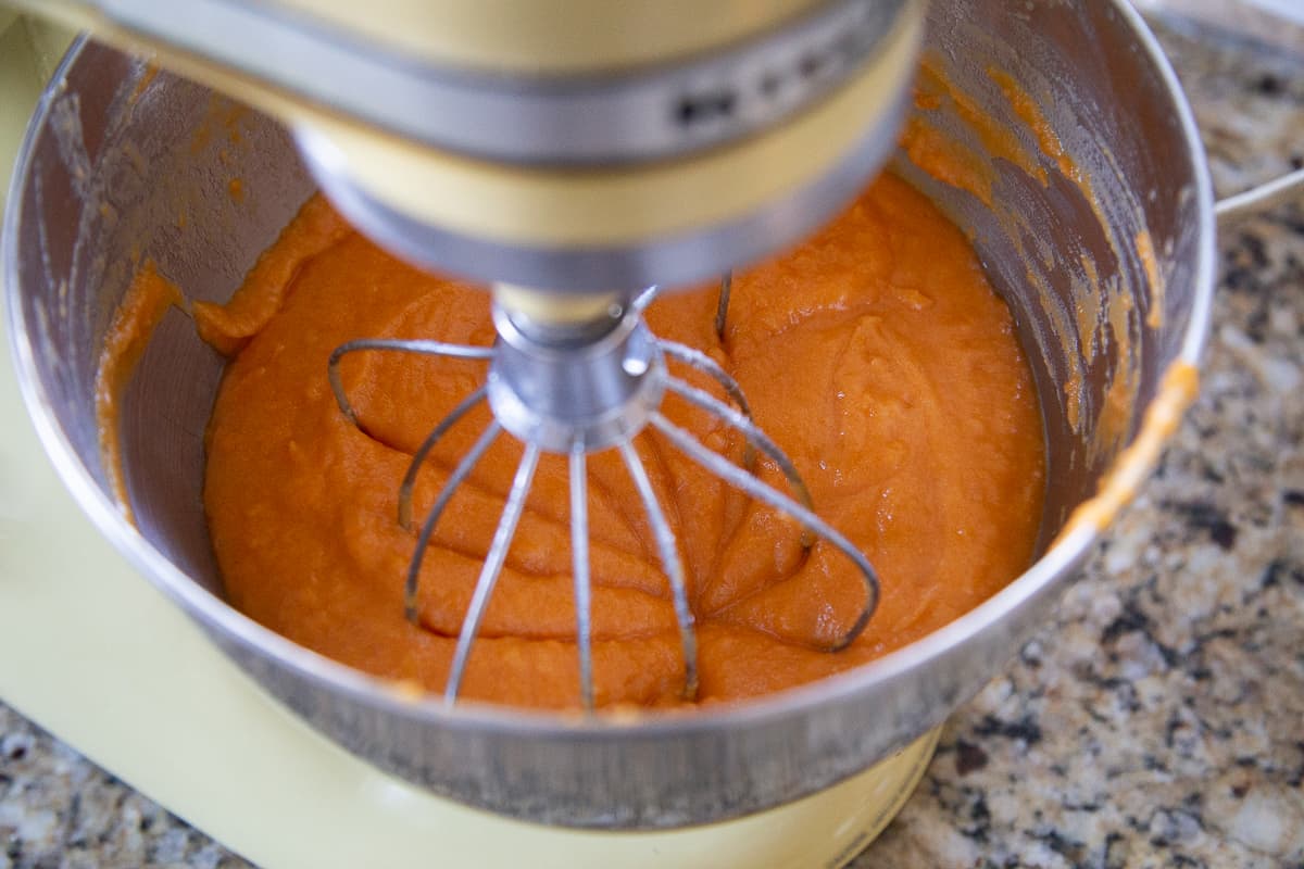 sweet potato puree in the bowl of a stand mixer.