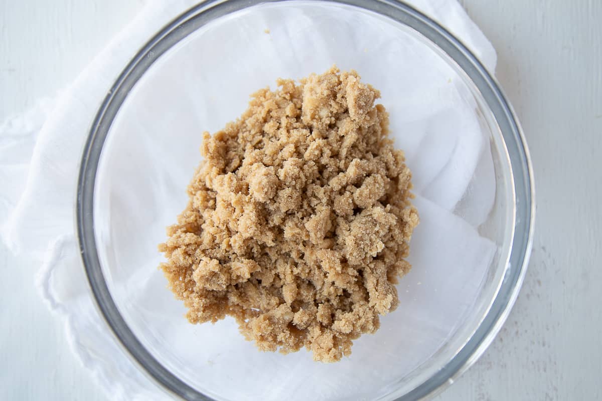 brown sugar crumble in a glass bowl.