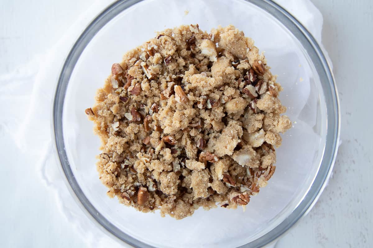 pecan crumble in a glass bowl.