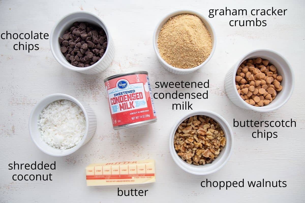 ingredients for 7 layer bars on a white table.