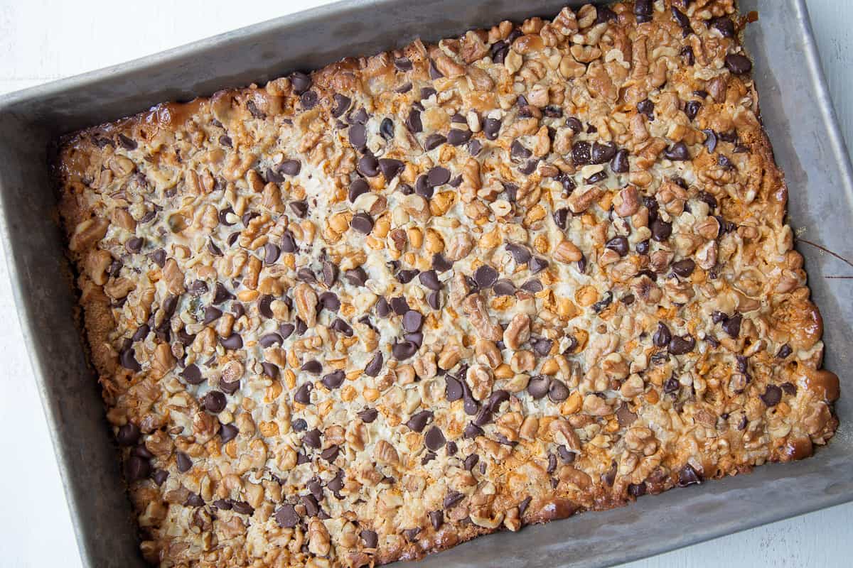 baked 7 layer bars in a metal pan.