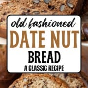 slices of brown date nut bread with pieces of walnuts and dates inside.