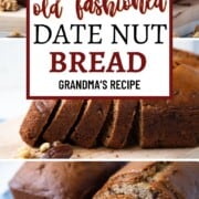 brown date nut bread with pieces of dates and walnuts, whole and cut into slices.