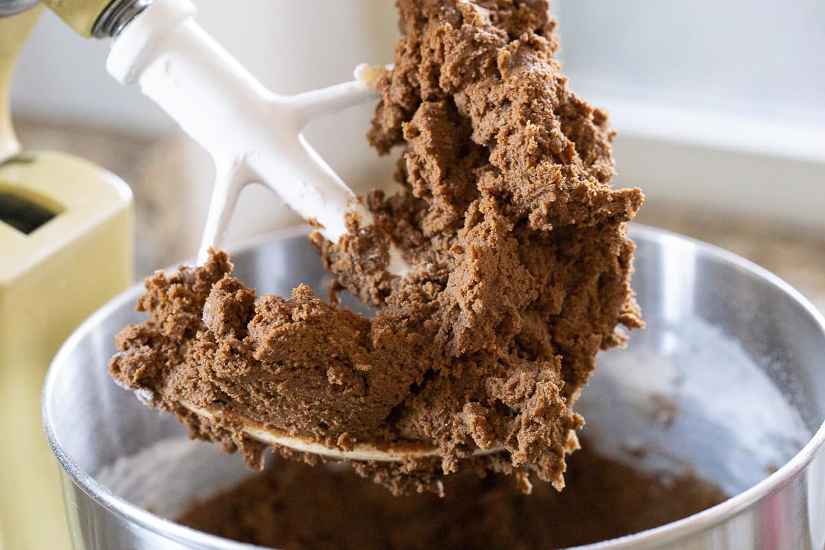 ginger cookie dough on a paddle attachment of a stand mixer.