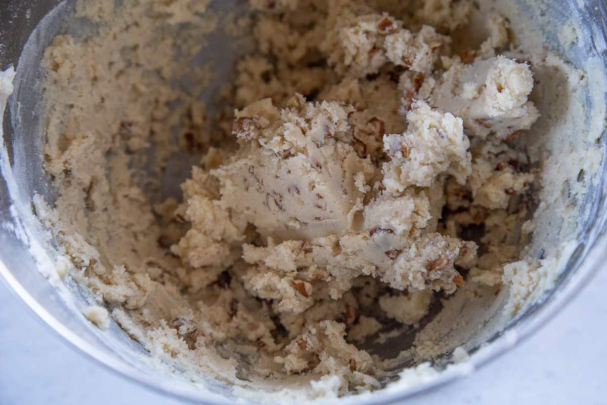 snowball dough in a metal bowl.