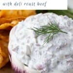 beef chip dip in a purple and white bowl.
