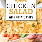 chicken salad in a casserole dish topped with potato chips.