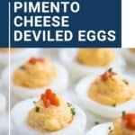 pimento cheese deviled eggs on a white platter.