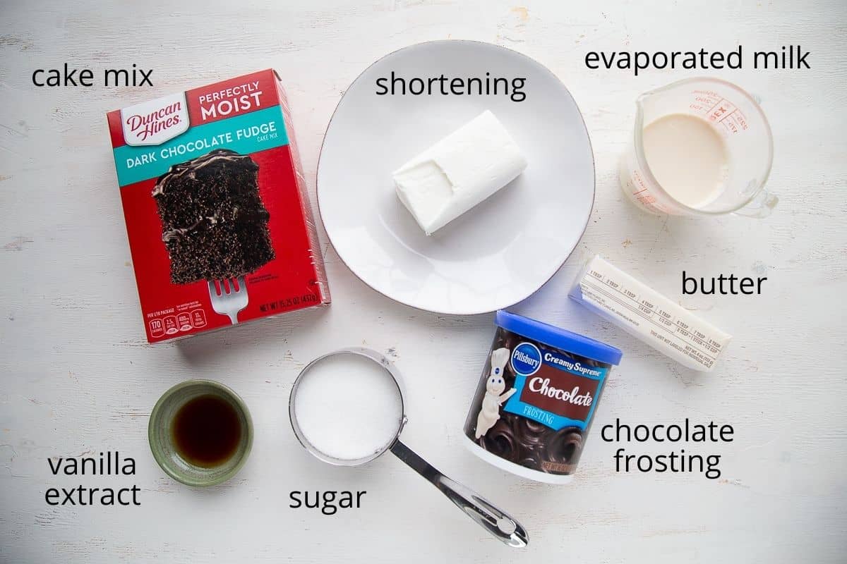 ingredients for ding dong cake on a white table.