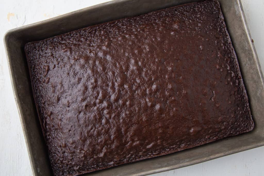 baked plain chocolate cake in a 13x9 inch pan.