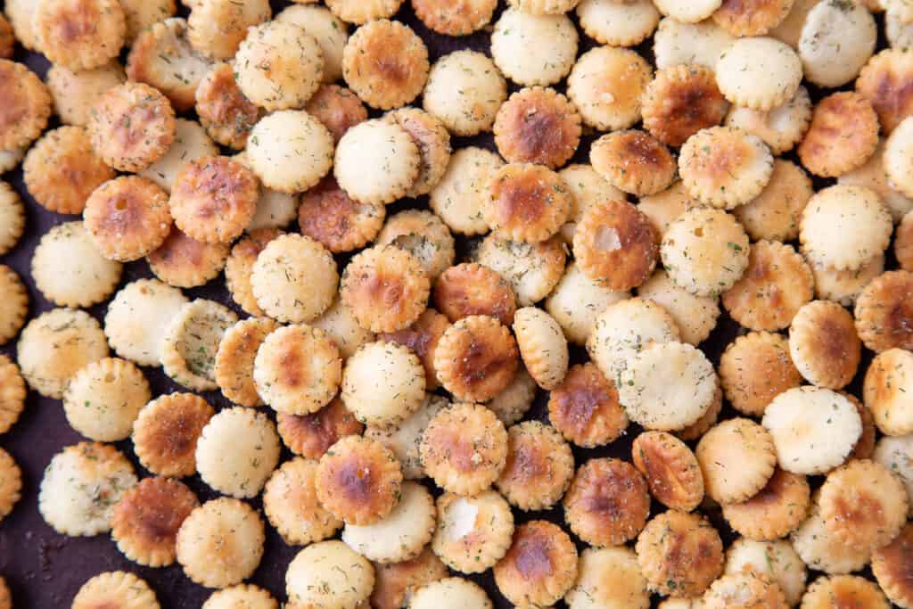 sheet pan full of seasoned ranch oyster crackers.