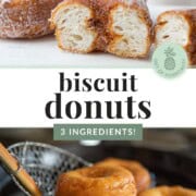 donuts being fried in oil and also coated in cinnamon sugar and sliced in half.