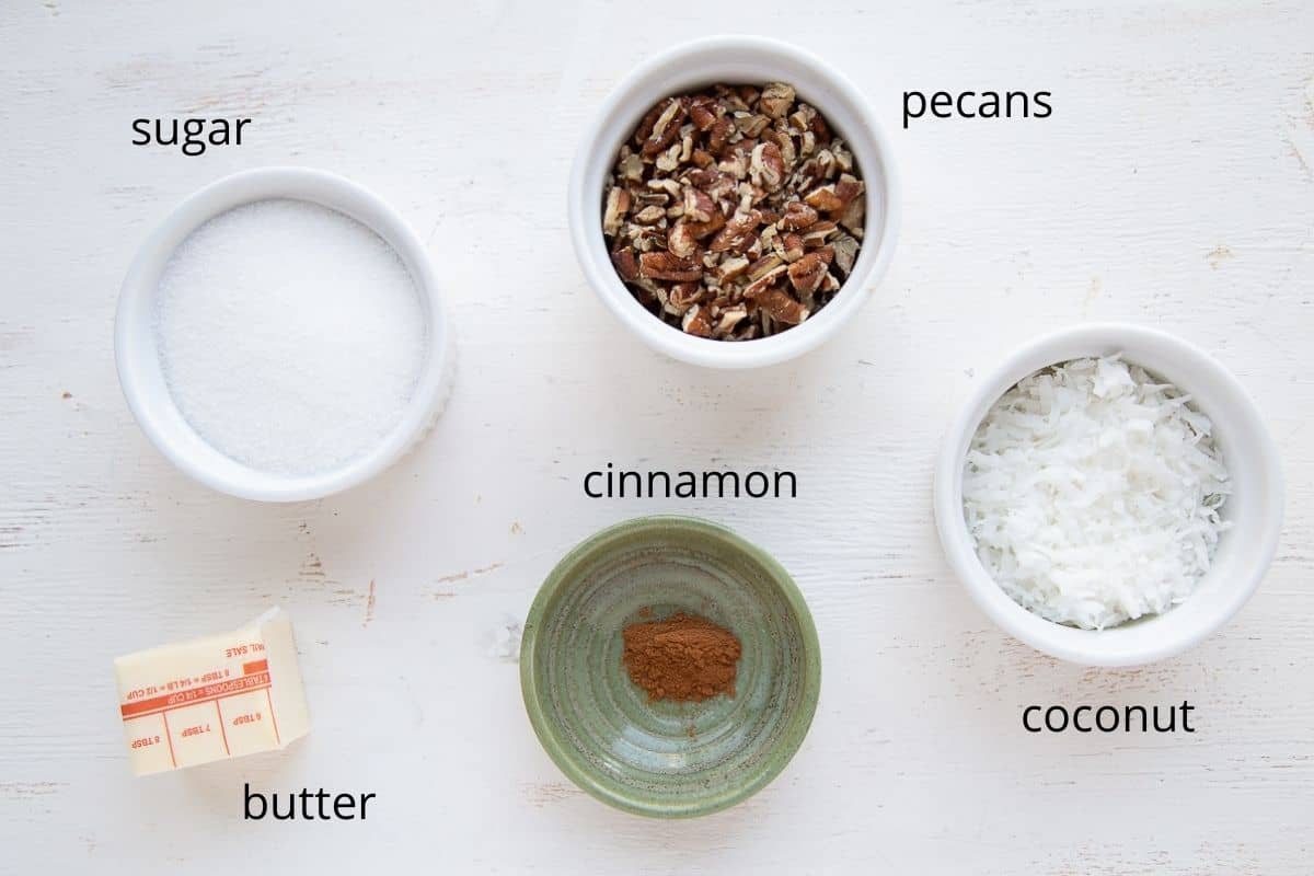 topping ingredients for rhubarb cake on a white table.