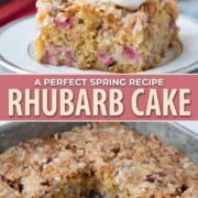 slice of rhubarb cake with whipped cream on top.
