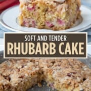 slice of rhubarb cake with whipped cream on top.