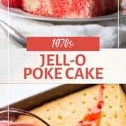 slice of jello poke cake and a measuring cup pouring red liquid onto a cake with holes.