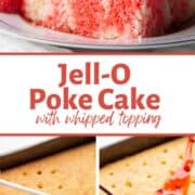 slice of jello poke cake and a measuring cup pouring red liquid onto a cake with holes.