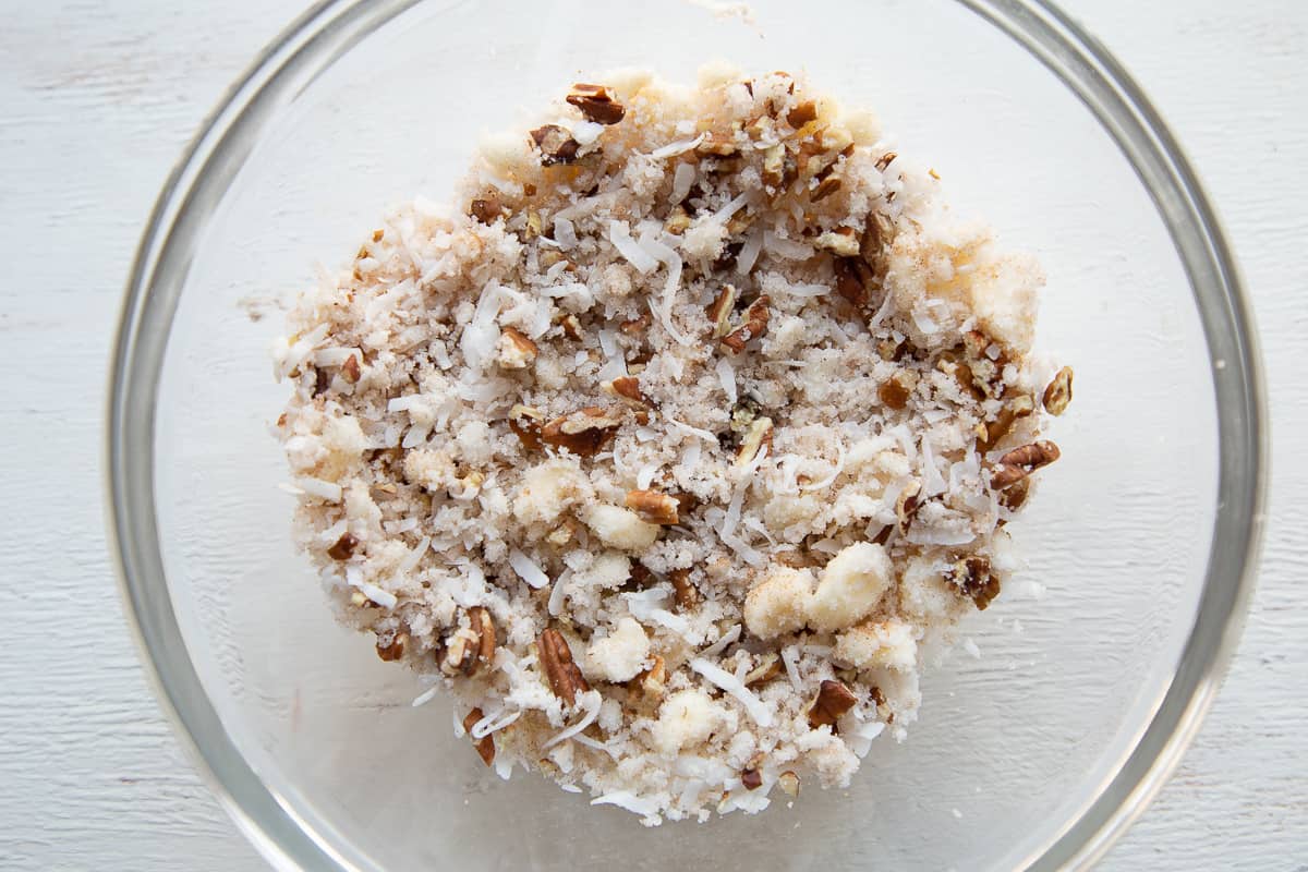 coconut pecan topping in a glass bowl.