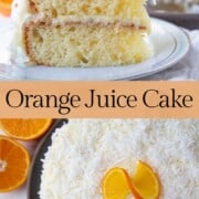 slice of yellow cake topped with coconut with oranges in the background.