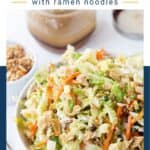 Asian Cabbage Salad in a white bowl with a glass dressing jar in the background.