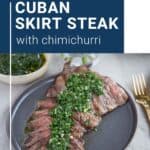 skirt steak on a gray plate, topped with chimichurri.