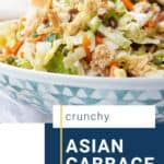 Asian Cabbage Salad in a blue and white bowl.