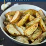 Crispy Garlic Potatoes in a beige bowl.