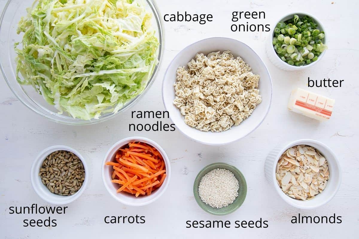 ingredients for asian cabbage salad on a white table.