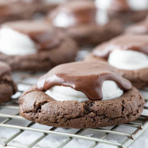 chocolate marshmallow cookies on a wire rack.