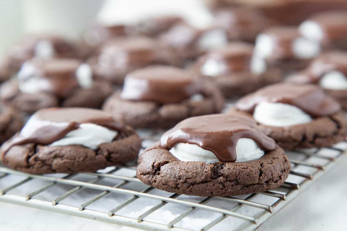 chocolate marshmallow cookies on a wire rack.